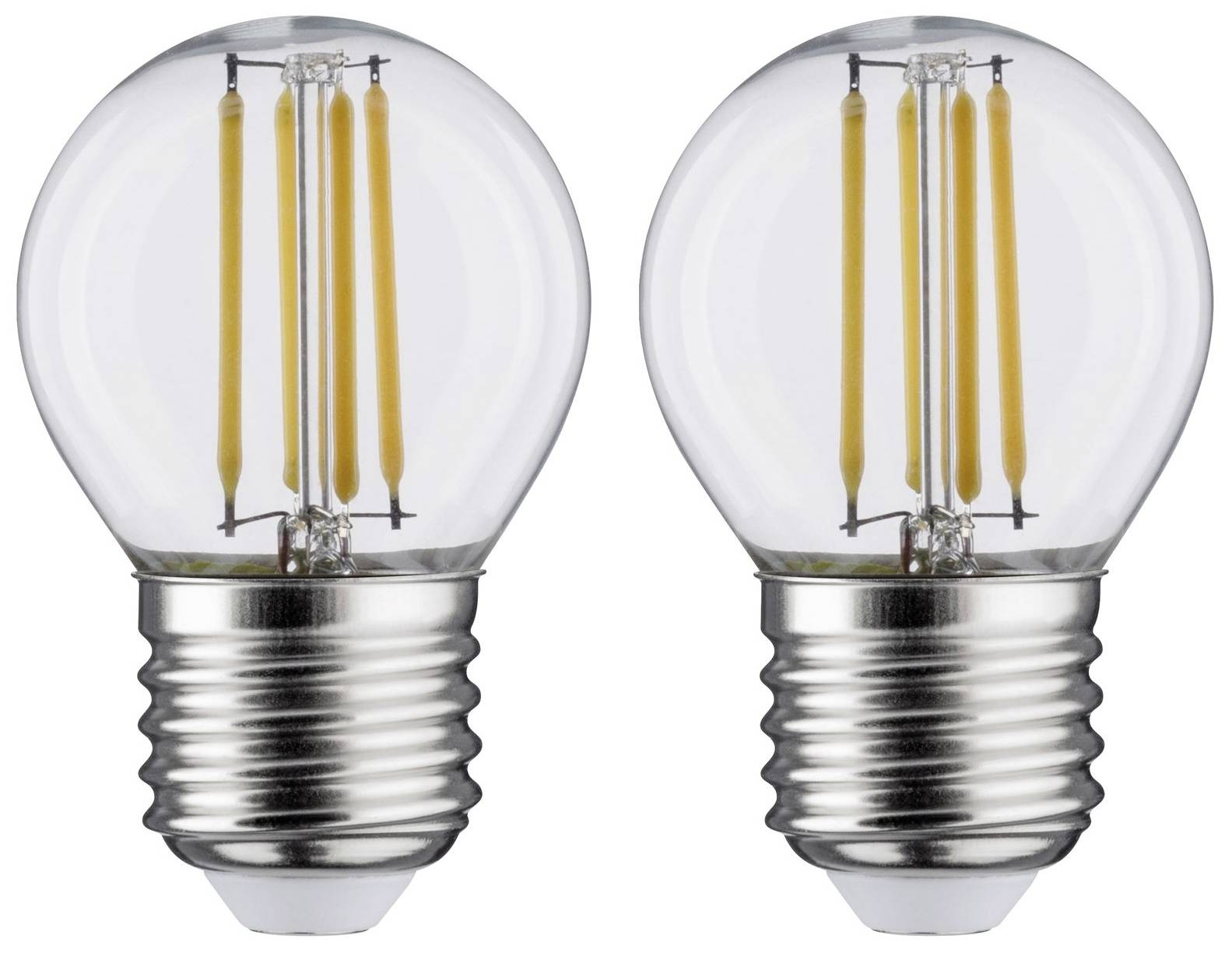 Zwei LED-Glühbirnen mit sichtbaren Filamenten und Schraubgewinde, nebeneinander in identischer Position.