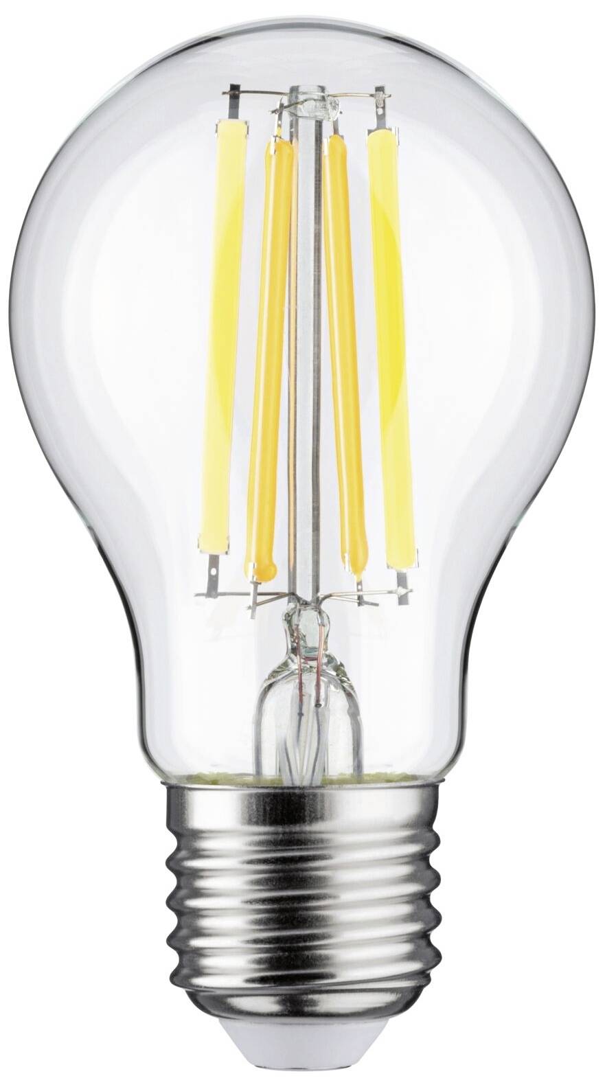 Eine klare Glühbirne mit sichtbaren gelben LED-Filamenten und einem silbernen Schraubverschluss, repräsentiert Beleuchtungstechnologie.