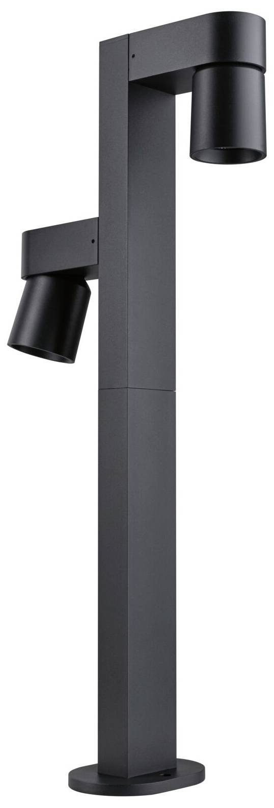 Eine moderne, schwarze Außenleuchte mit zwei zylinderförmigen Leuchten, die an einem geraden, vertikalen Stab befestigt sind.