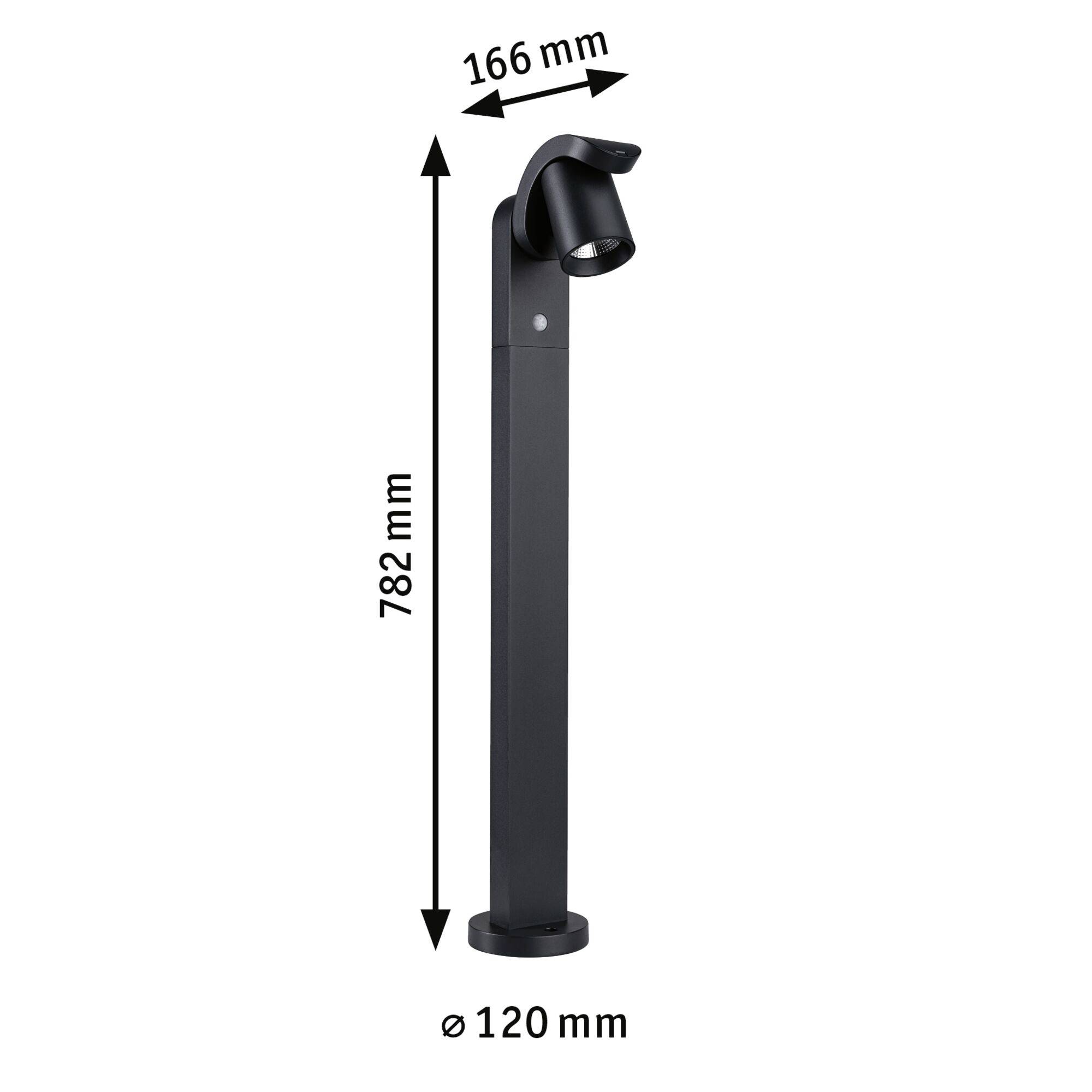 Schwarze Gartenleuchte mit gebogenem Kopf, Höhe 782 mm, Durchmesser 120 mm, Ausladung 166 mm. Eignet sich zur Außenbeleuchtung.