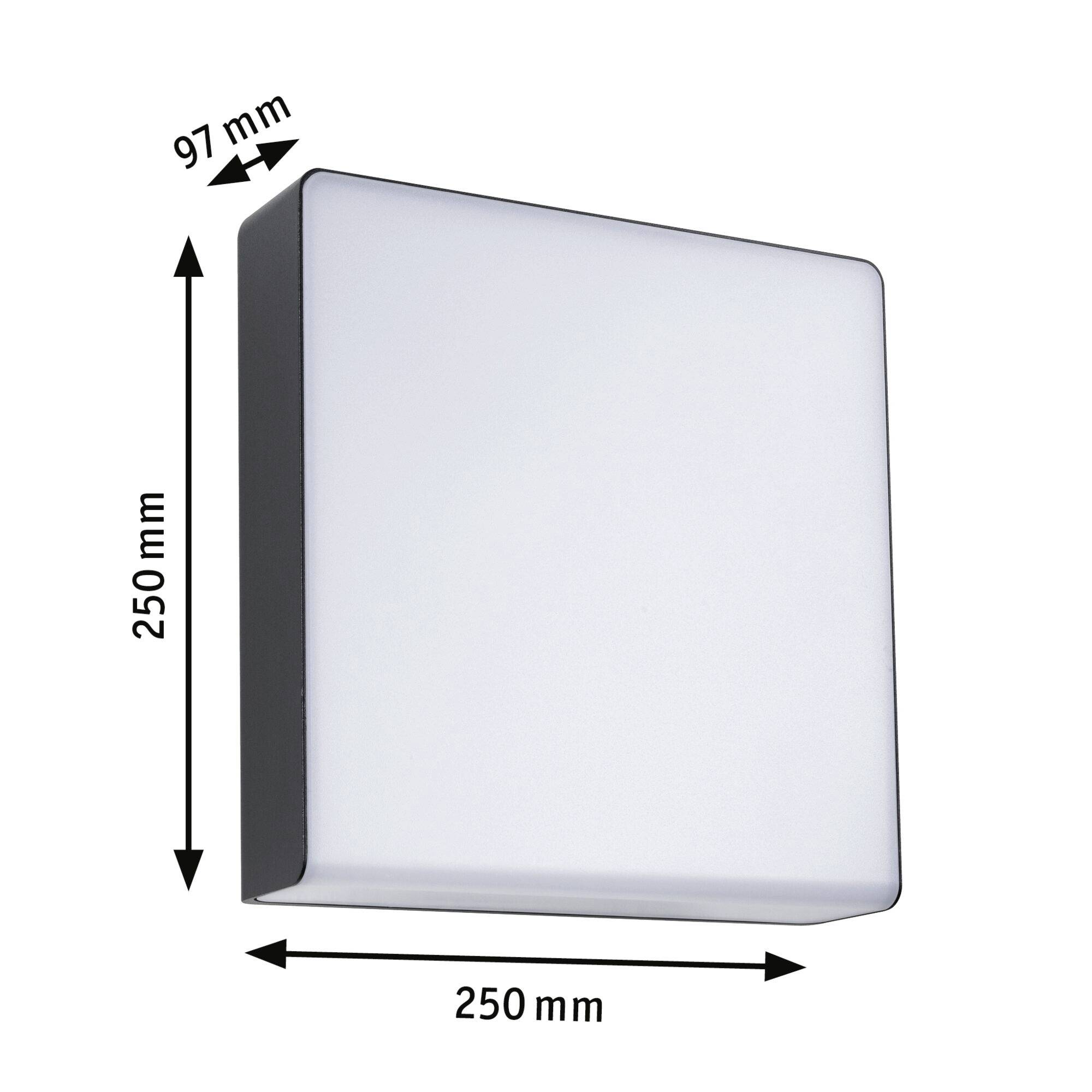 Quadratische Wandlampe mit den Maßen 250 mm x 250 mm und einer Tiefe von 97 mm, dargestellt mit Pfeilen zur Verdeutlichung der Abmessungen.