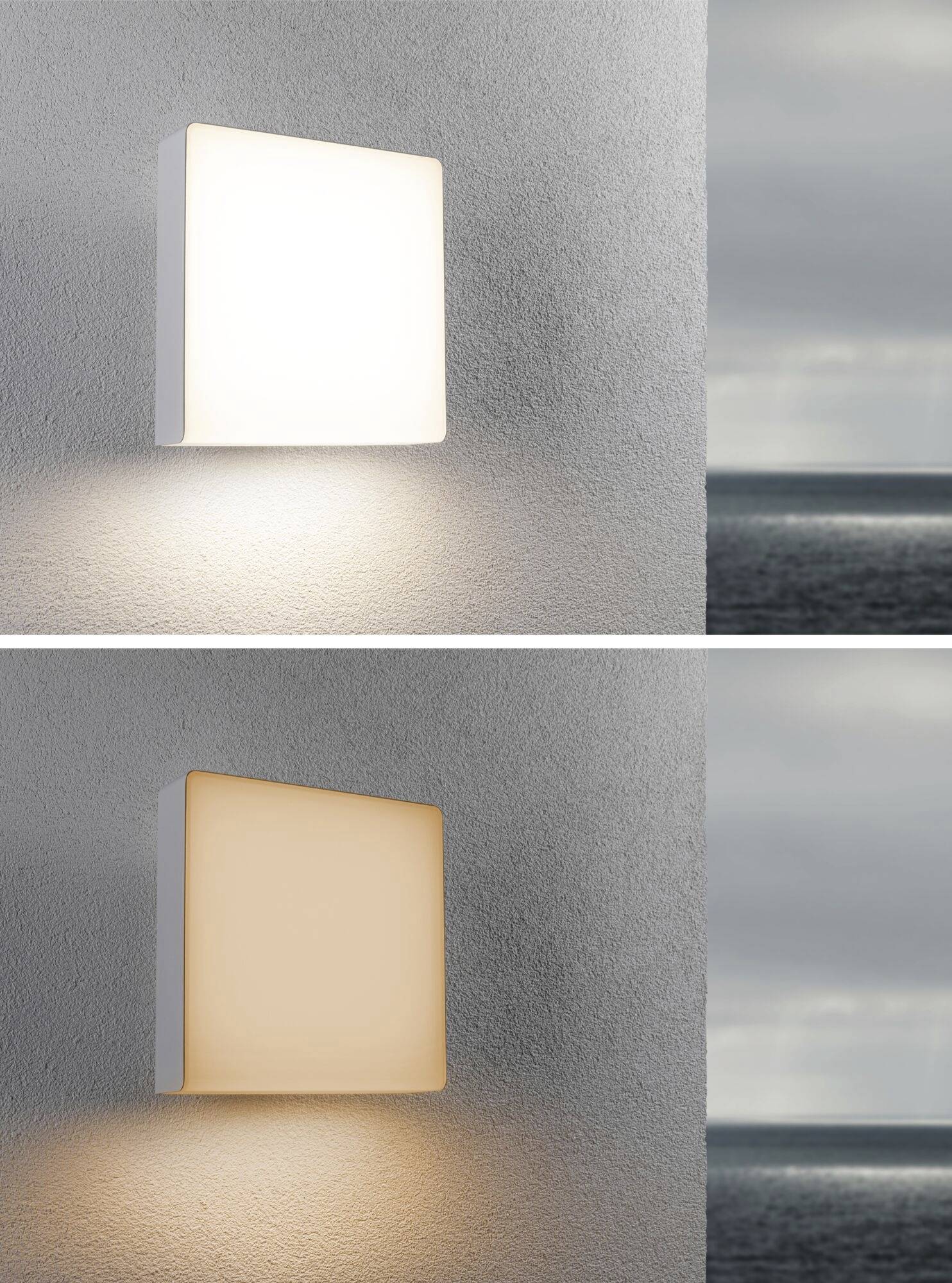 Zwei Bilder mit quadratischen Wandlampen an einer Wand mit Meerblick. Oben warmweißes Licht, unten orangefarbenes Licht.