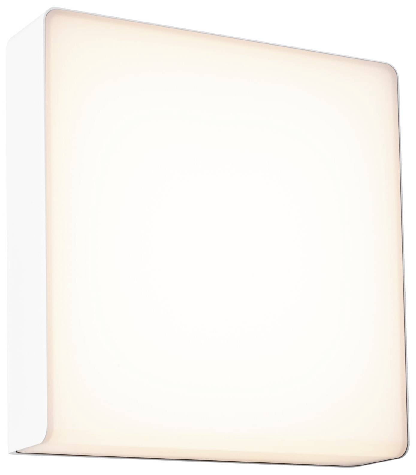 Weiße, quadratische LED-Wandleuchte mit abgerundeten Ecken, die gleichmäßiges, diffuses Licht abgibt. Ideal für moderne Innenräume.