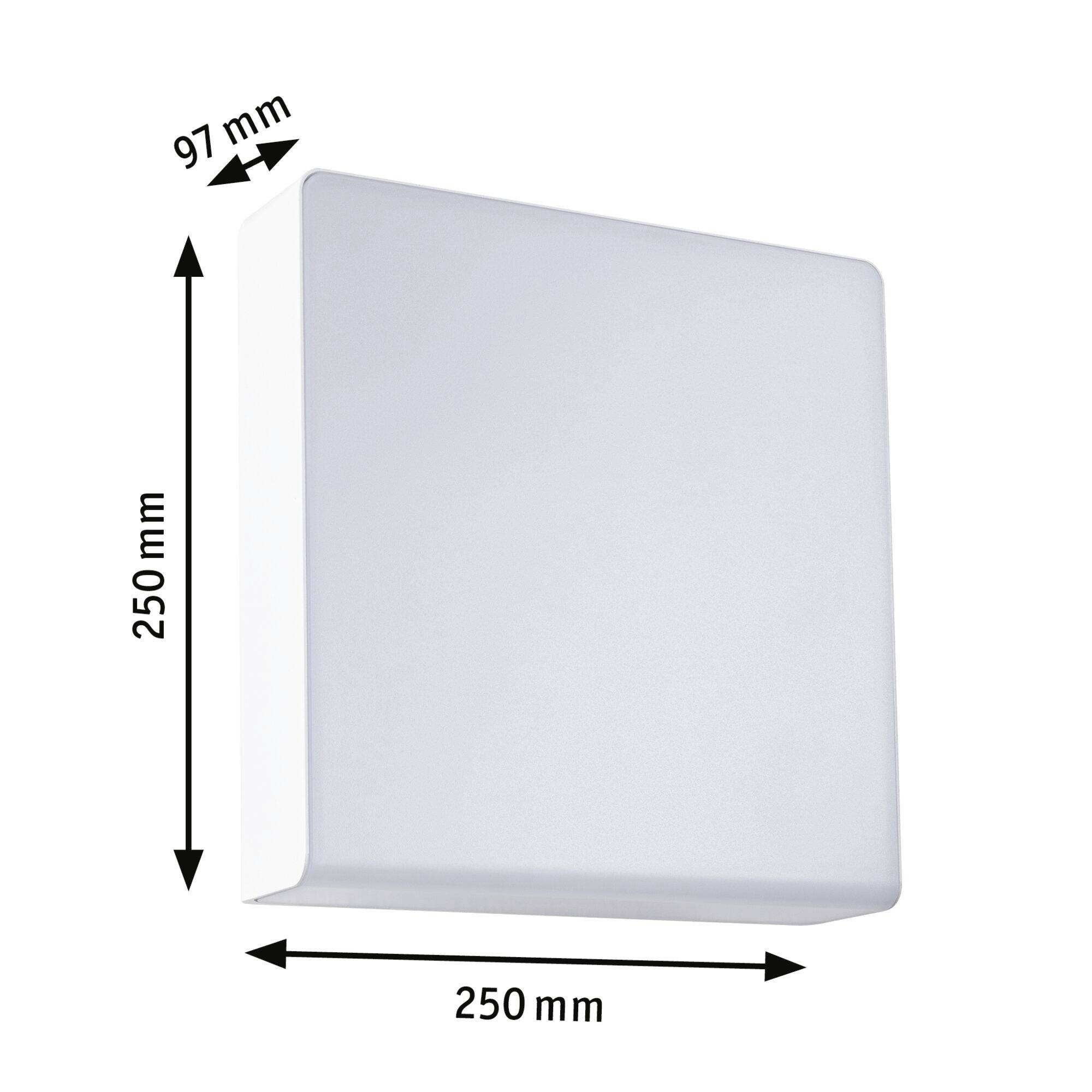 Wandleuchte mit quadratischem, weißen Gehäuse, Abmessungen: 250 mm x 250 mm x 97 mm.
