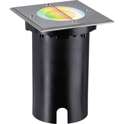Bodenlicht mit quadratischem Edelstahlrahmen und rundem Leuchtfeld, das in verschiedenen Farben von Gelb bis Grün leuchtet.