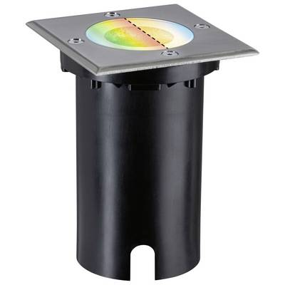 Bodenleuchte mit quadratischer, metallischer Platte und rundem Lichtaustritt. Das Licht zeigt einen Farbverlauf von Grün zu Gelb.