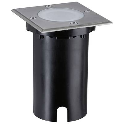 Rundes LED-Bodenleuchtengehäuse, schwarz mit quadratischem Edelstahldeckel, geeignet zur Außenbeleuchtung.
