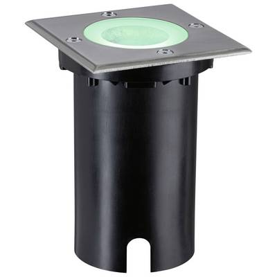 Ein runder Bodeneinbaustrahler mit grünem Licht, eingebettet in einen quadratischen Edelstahlrahmen, ideal für Außenbeleuchtung.