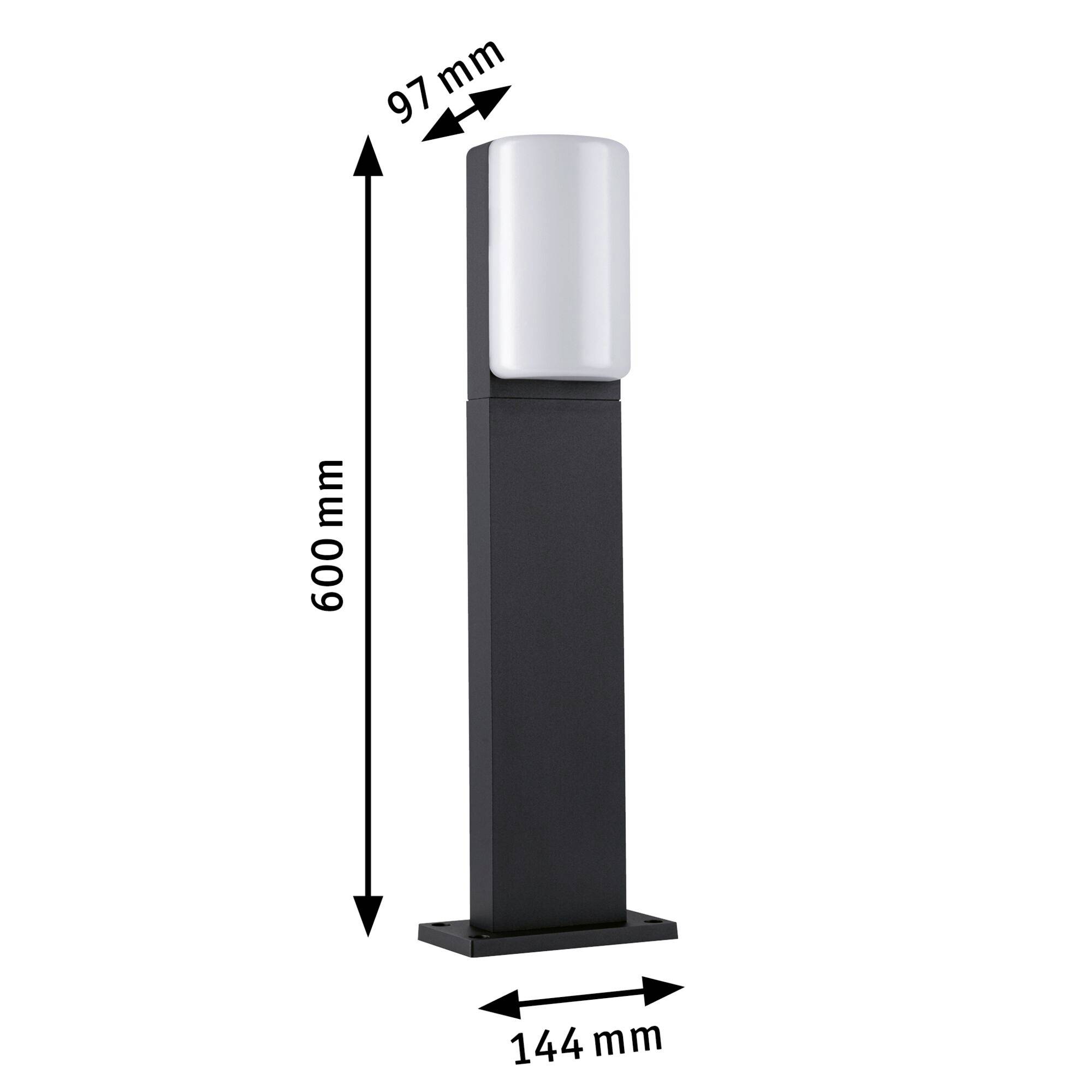 'Moderne schwarze Außensäule mit silbernem, zylindrischem Leuchtkopf. Höhe 600 mm, Breite 144 mm, Tiefe 97 mm.'