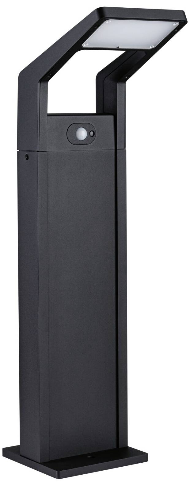 Eine moderne, schwarze Außenleuchte mit einem Bewegungssensor an der Vorderseite und einem flachen, rechteckigen Leuchtkopf.