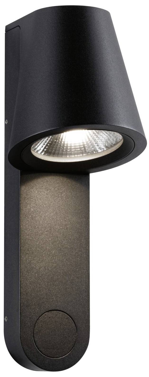 Schwarze, moderne Außenwandleuchte mit kegelförmigem Schirm und warmem Lichtschein nach unten.