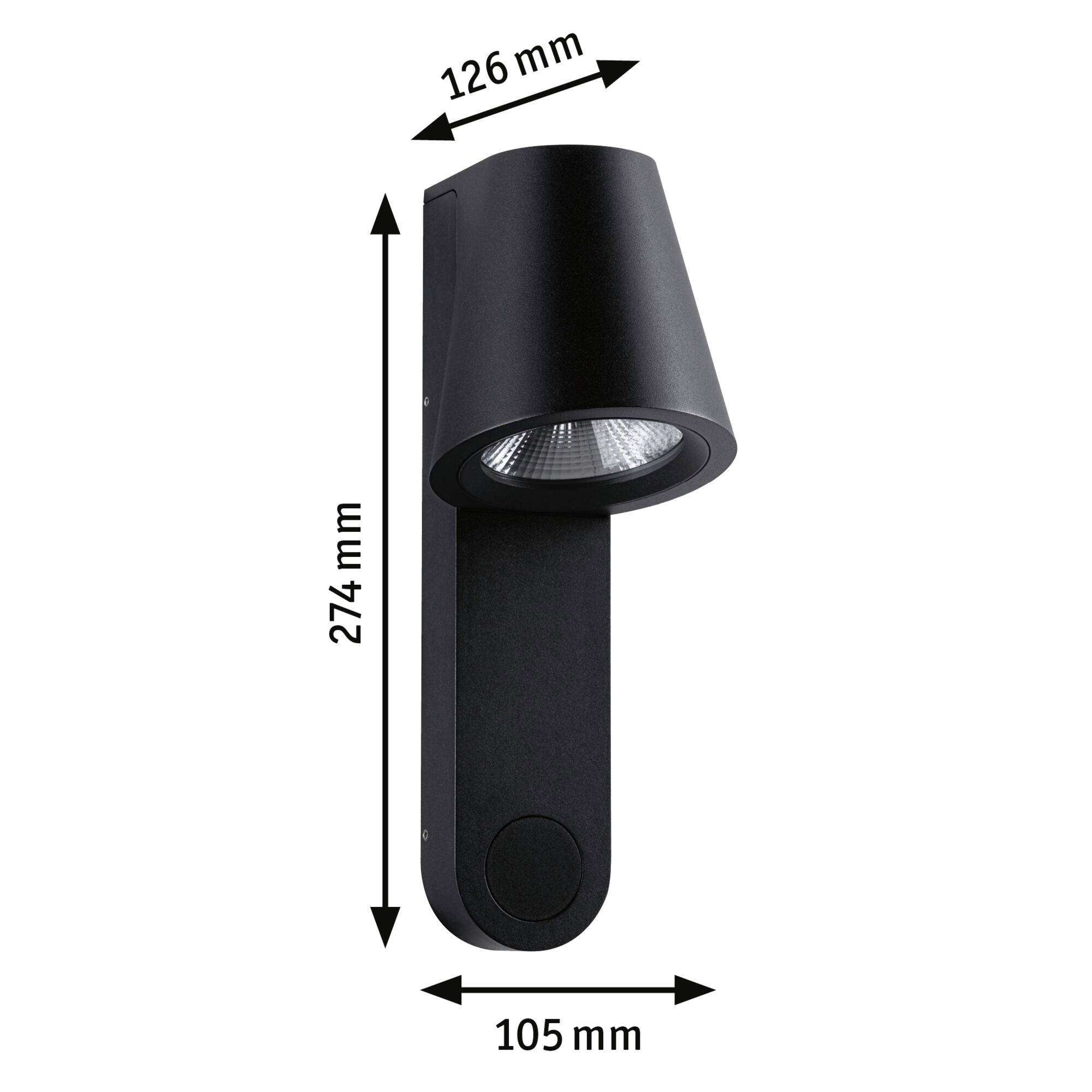 Schwarze, zylindrische Wandlampe mit Abmessungen: Höhe 274 mm, Breite 105 mm, Tiefe 126 mm.