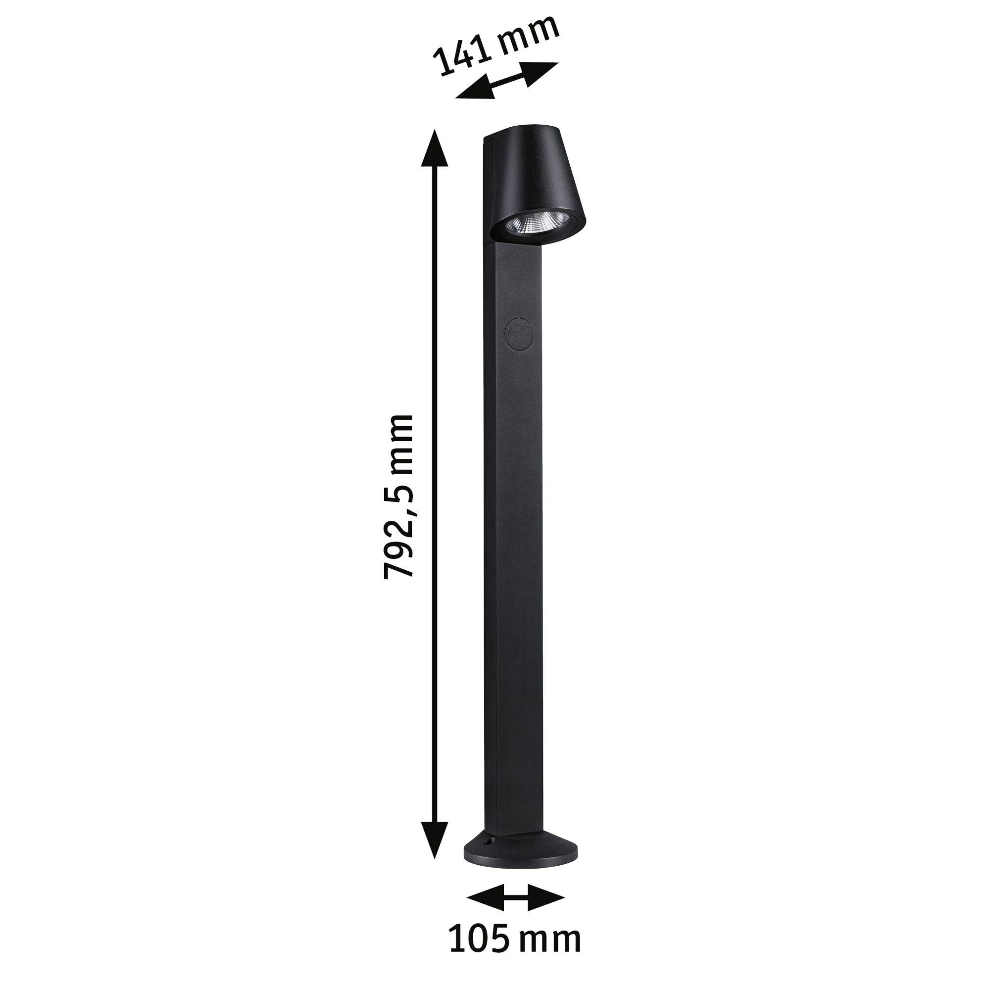 Schwarze Stehlampe mit den Maßen: Höhe 792,5 mm, Breite 105 mm, Lampenkopfbreite 141 mm.