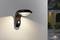 Außenwandlampe mit integriertem Bewegungsmelder, eingeschaltet, beleuchtet eine Betonwand. Gartenbereich im Hintergrund sichtbar.