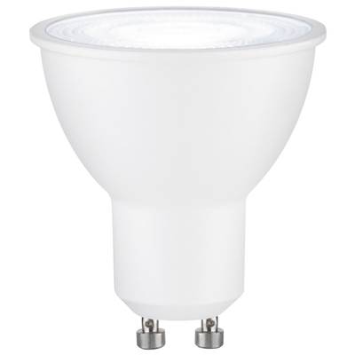 Eine weiße LED-Glühbirne mit GU10-Sockel, geeignet für Energiesparleuchten in Haushalten und Büros.