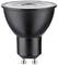 Schwarze LED-Spotlampe mit GU10-Sockel, geeignet für Einbaulampen und Akzentbeleuchtung. Energiesparend und langlebig.