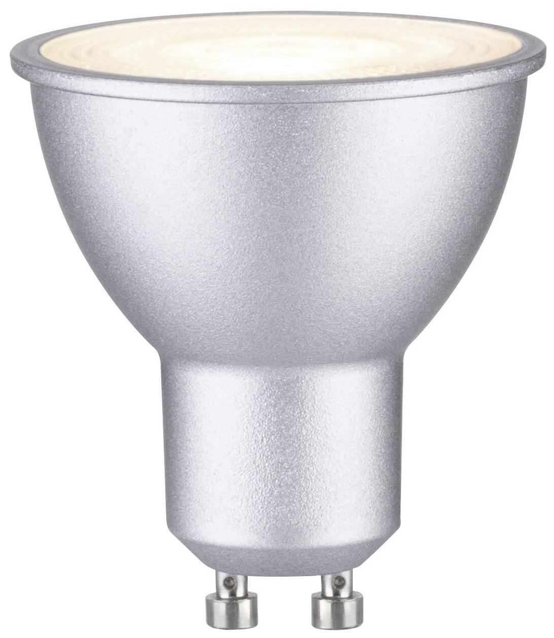 Eine silberne GU10 LED-Leuchtmittellampe mit zwei Stiften an der Basis. Sie strahlt warmes Licht aus und hat eine leicht matte Oberfläche.