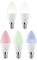Fünf LED-Glühbirnen in verschiedenen Farben: warmweiß, kaltweiß, rosa, grün und blau, alle mit E14-Sockel.