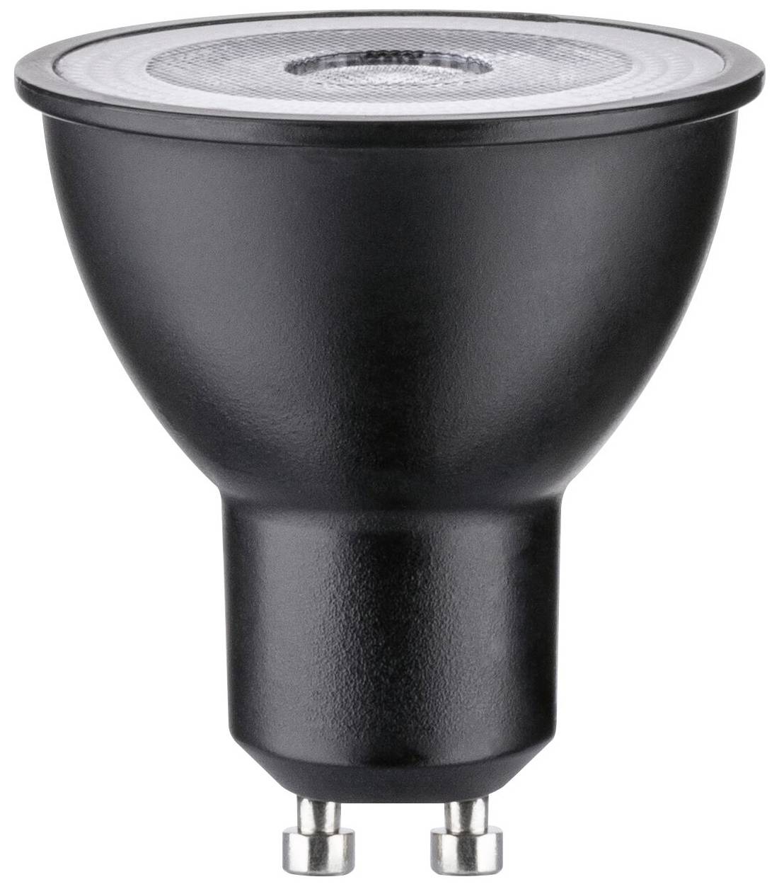 Schwarze LED-Lampe mit GU10-Sockel, geeignet für Spotbeleuchtung und energieeffiziente Anwendungen.