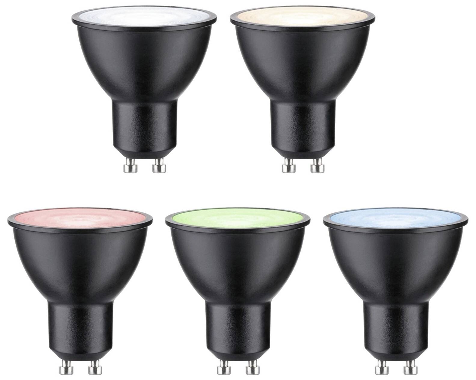 Fünf LED-Glühbirnen in verschiedenen Farben (weiß, warmweiß, rot, grün, blau) mit GU10-Sockel, stehen nebeneinander aufgereiht.