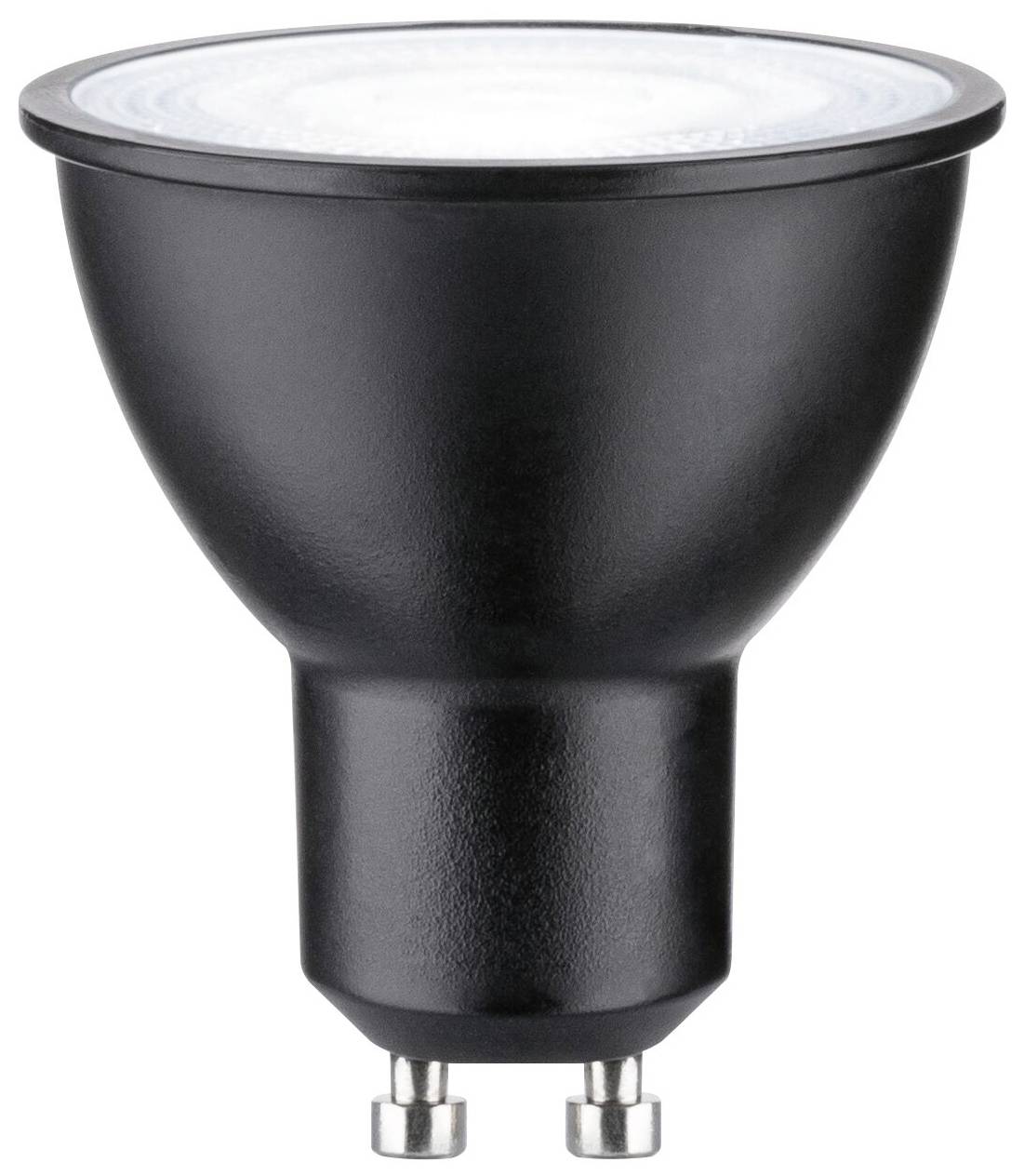 Eine schwarze LED-Glühbirne in GU10-Form, geeignet für Spot- oder Akzentbeleuchtung.