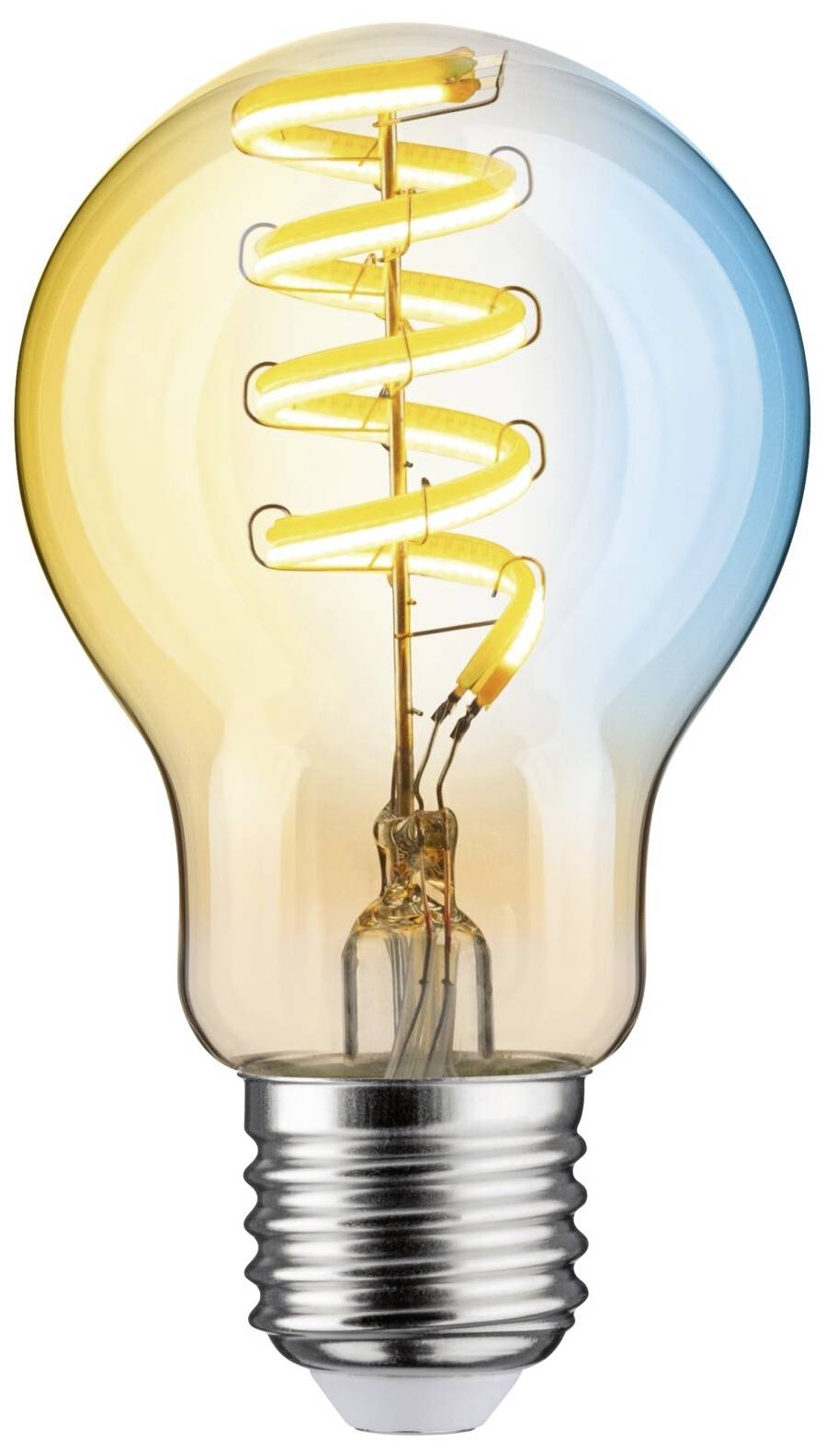 Glühbirne mit sichtbarem Filament, das spiralförmig verläuft. Warmes Licht links, kühles Licht rechts.