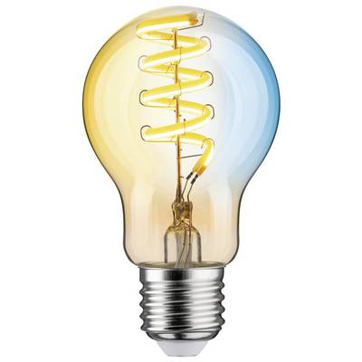 Glühbirne mit sichtbarem Filament, das spiralförmig verläuft. Warmes Licht links, kühles Licht rechts.