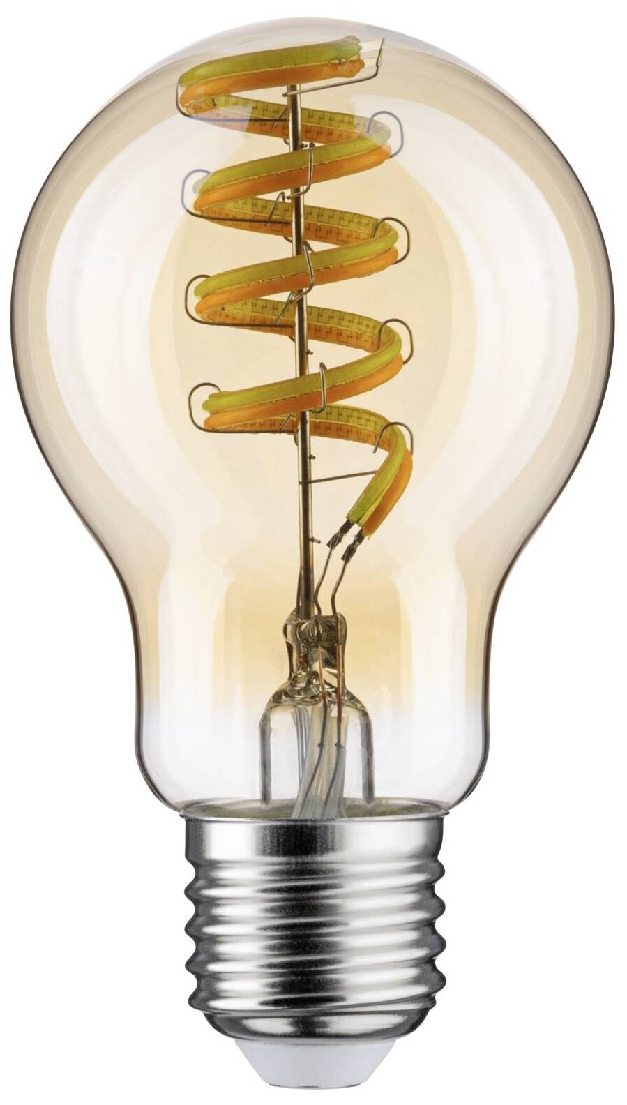 Eine einzelne Glühbirne mit sichtbarem, spiralförmigem LED-Filament im Inneren, leuchtend und einsatzbereit.