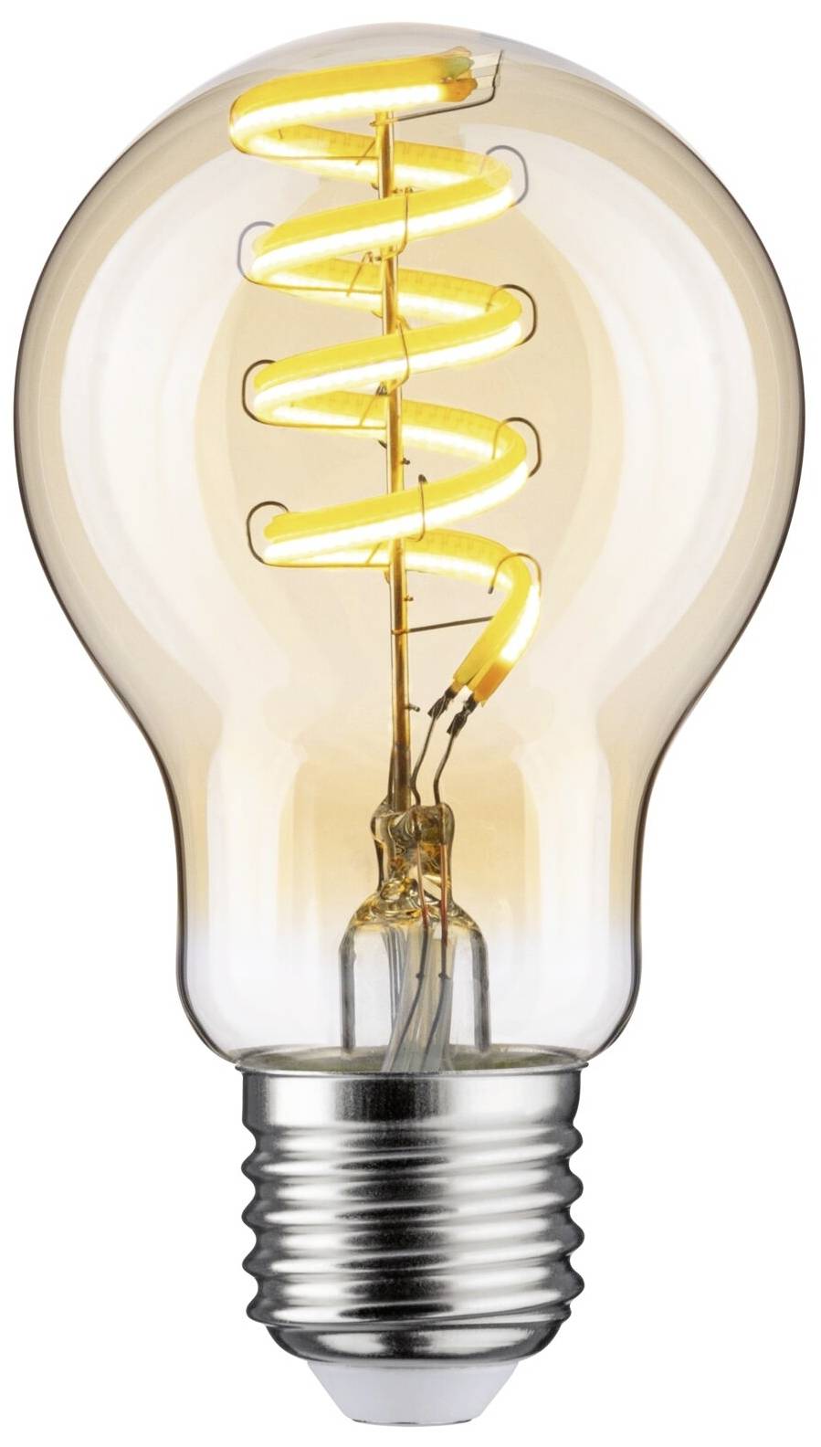 Eine Glühbirne mit spiralförmigem Filament, eingeschaltet. Energiesparend und stilvoll, geeignet für dekorative Beleuchtung.