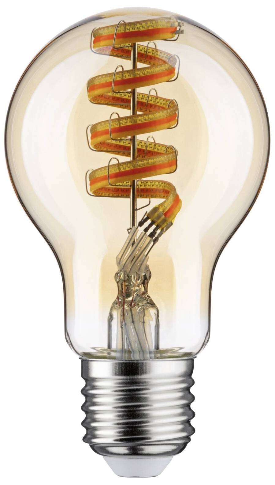 Glühbirne mit sichtbarer Spiralfadenstruktur, die warmes Licht abstrahlt.