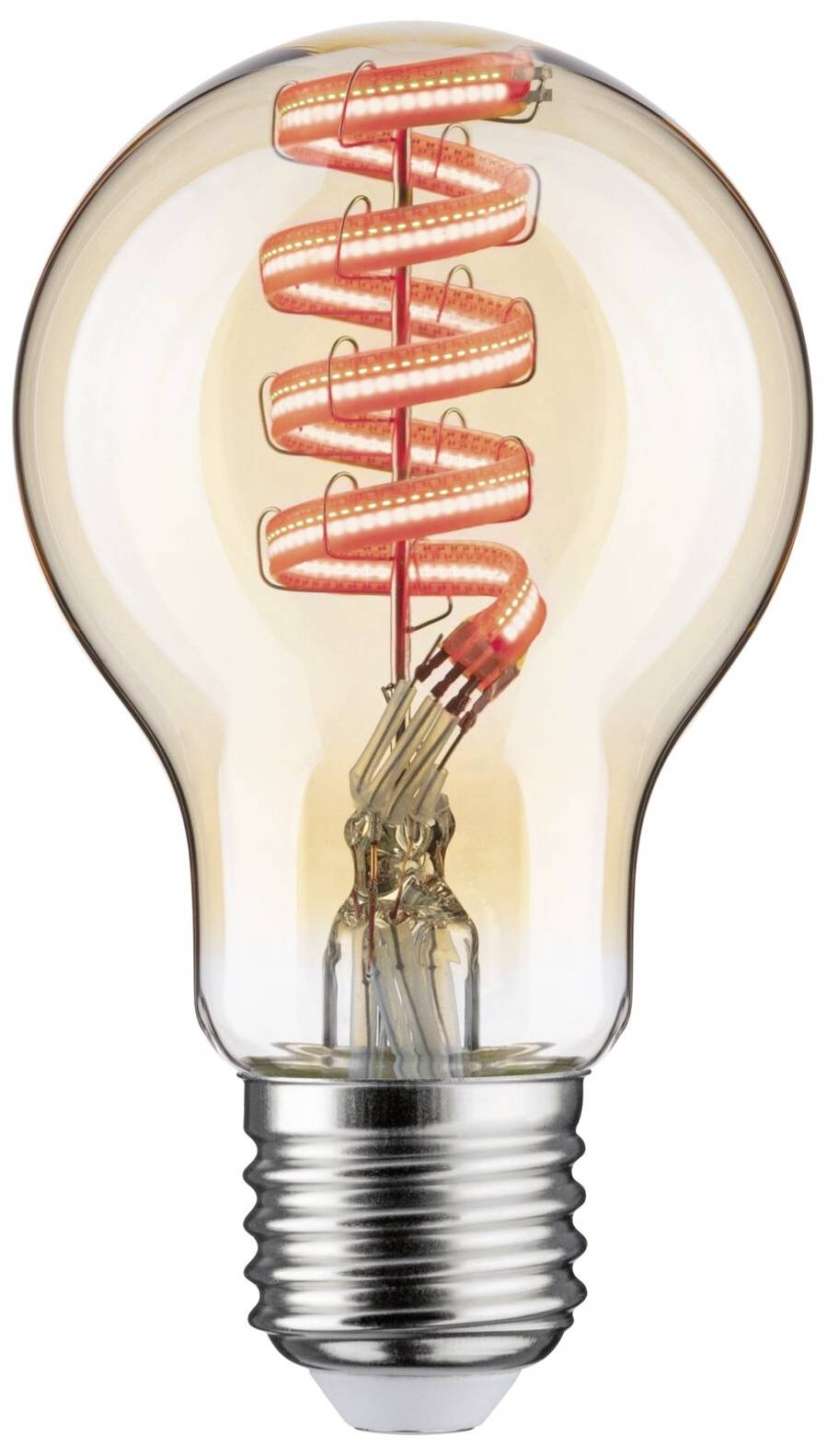 Glühbirne mit sichtbarem, spiralförmigem LED-Filament, das warm leuchtet. E27-Sockel, geeignet für dekorative Beleuchtung.