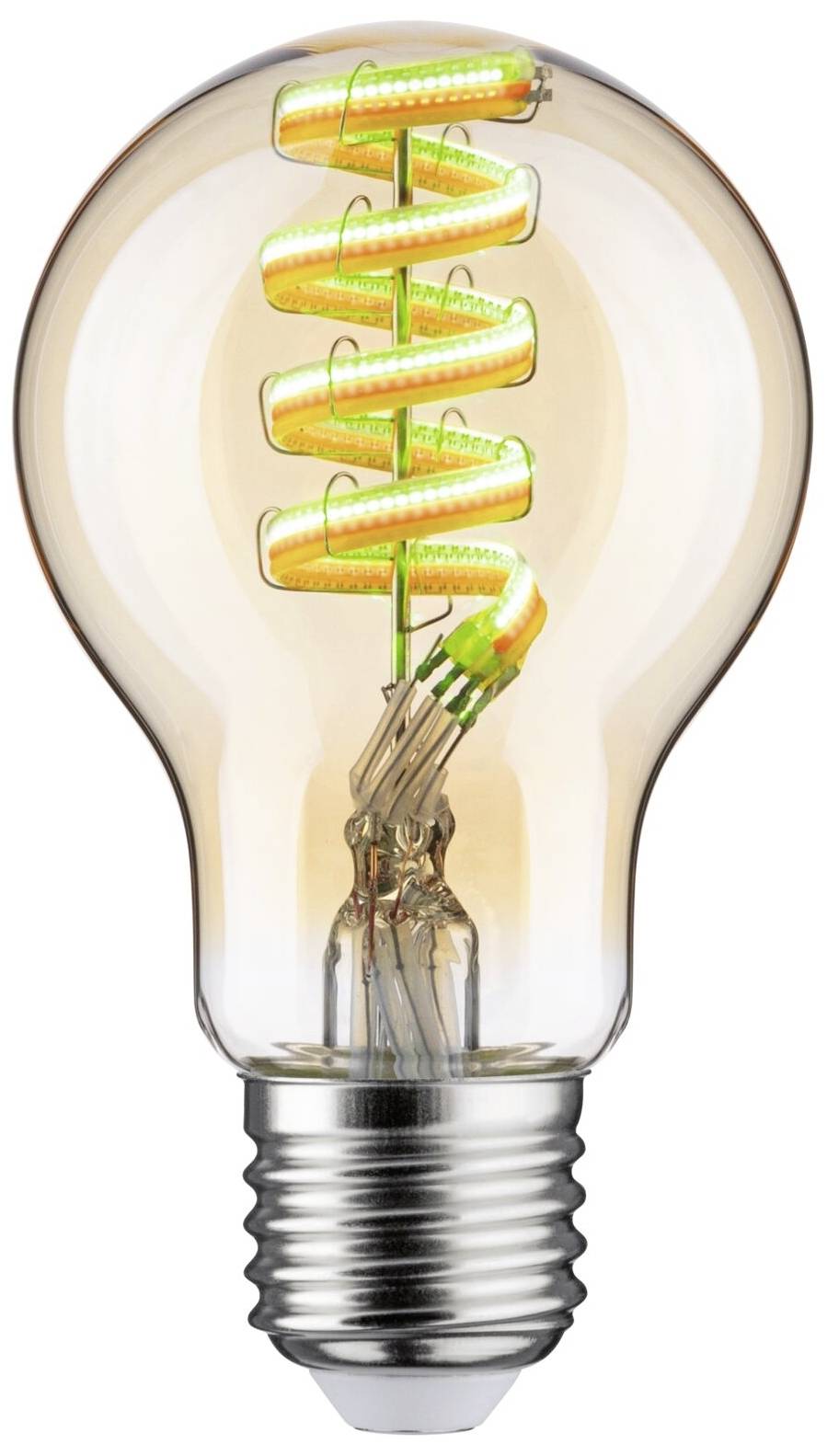 Eine Glühbirne mit einer einzigartigen spiralförmigen Glühwendel. Sie kombiniert modernes Design mit traditionellen Elementen.