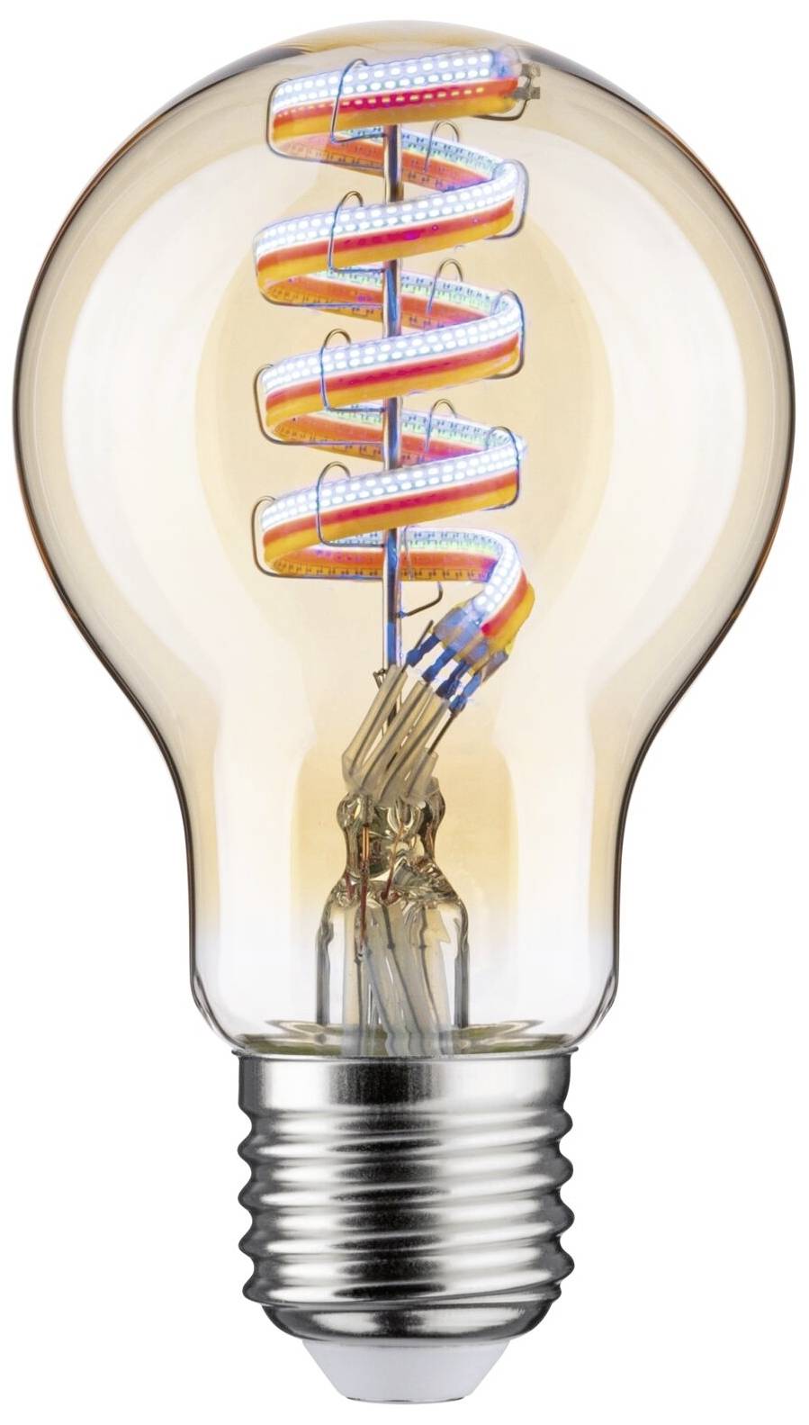 Eine Glühbirne mit sichtbarem, spiralförmigem Filament, das orange und blau leuchtet. Der Sockel ist silbern.