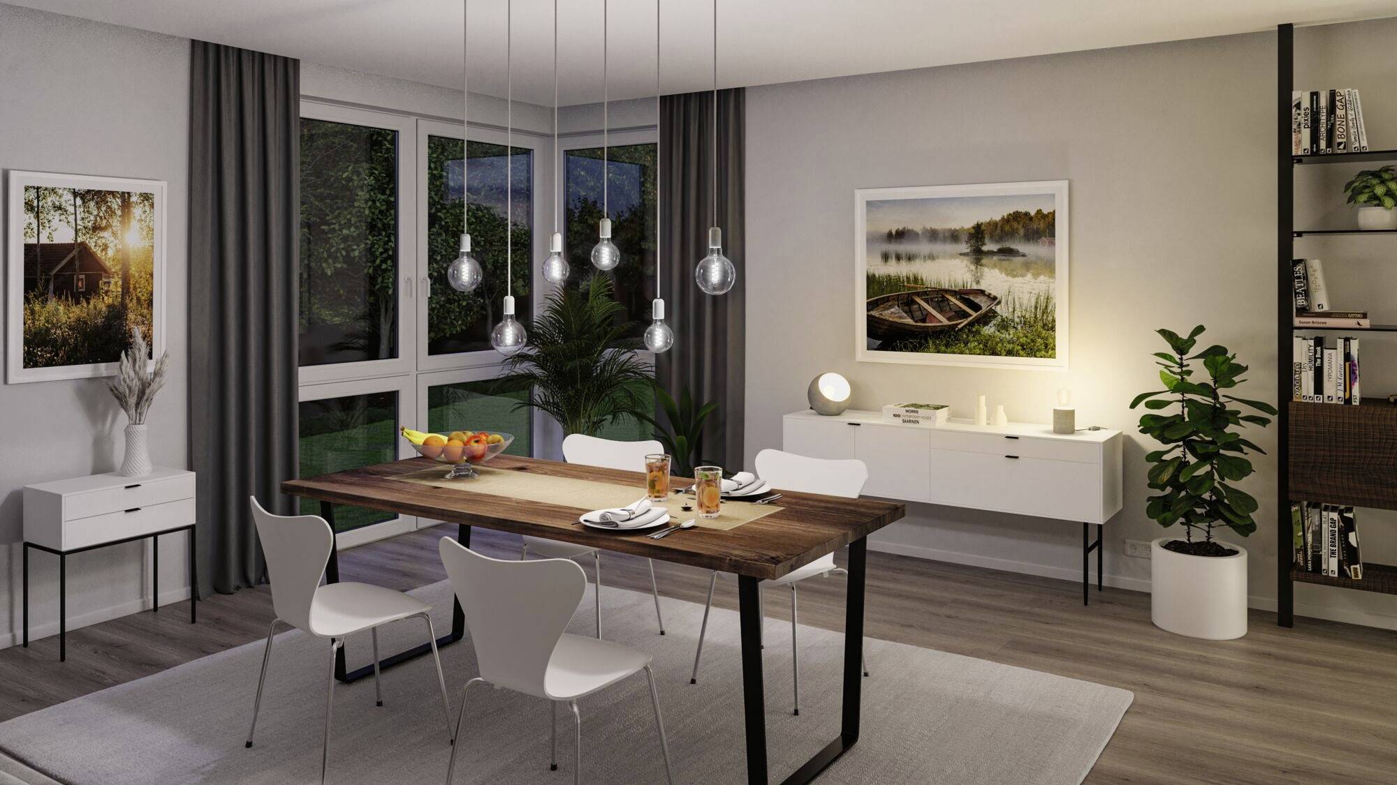 Esszimmer mit Holz-Esstisch, sechs weißen Stühlen, Hängelampen und Dekoration. Großer Fensterbereich und Bilder an den Wänden.