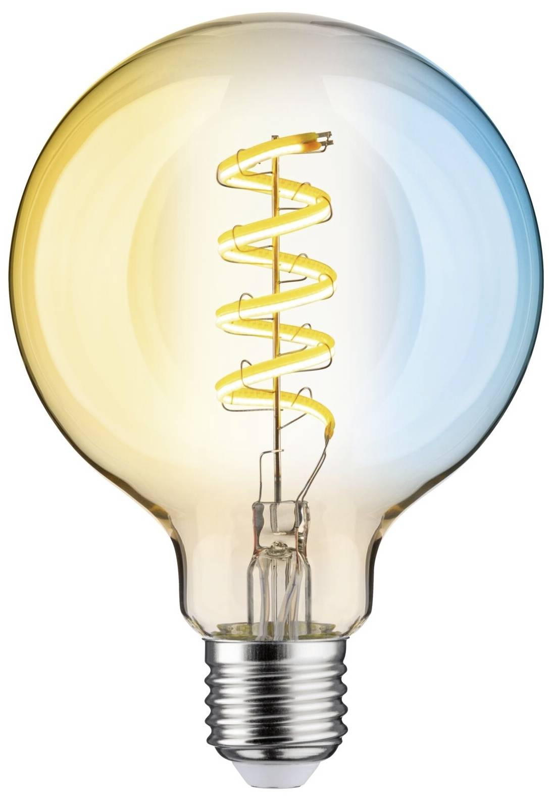 Eine Glühbirne mit zweifarbigem Glas leuchtet; links gelb, rechts blau. Die Spirale im Inneren ist sichtbar und dekorativ gestaltet.