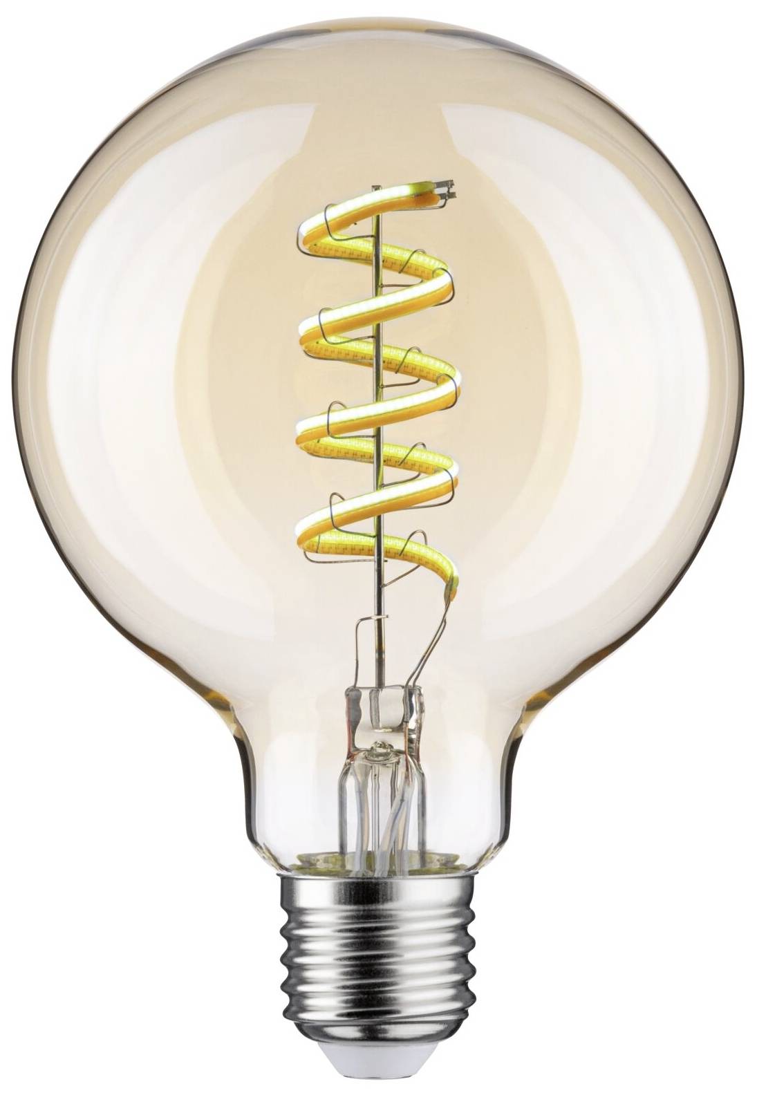 Glühbirne mit sichtbarem, spiralförmigem Glühdraht in einem klaren Glasgehäuse, symbolisiert Innovation und Kreativität.