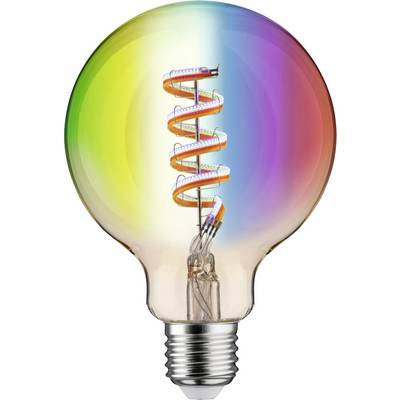 Eine Glühbirne mit einer spiralförmigen Rutsche im Inneren. Die Glühbirne leuchtet in einem Regenbogen aus verschiedenen Farben.
