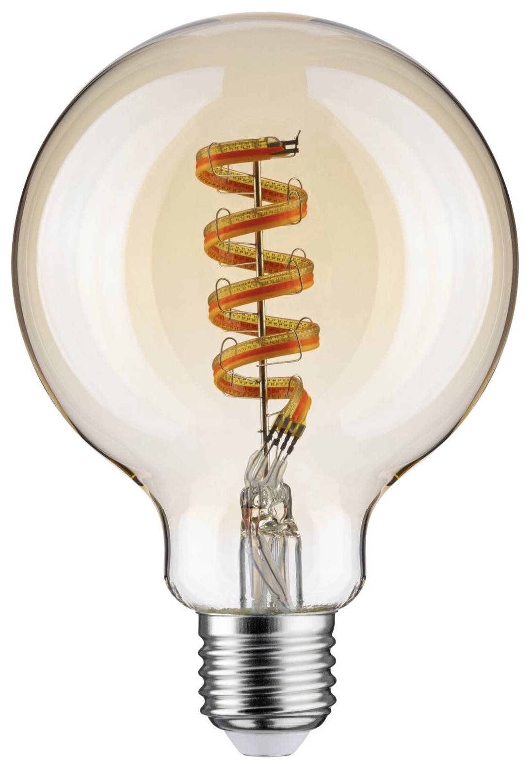Glühbirne mit spiralförmigem Filament, das leuchtet, in einer klaren Glashülle.