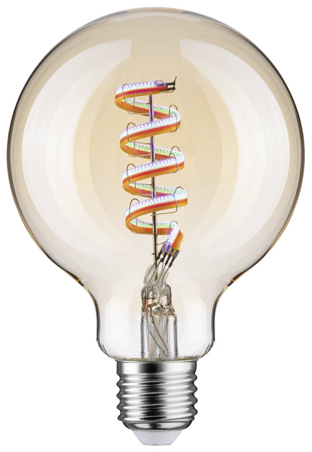 Eine Glühbirne mit einem farbenfrohen, spiralförmigen Filament im Inneren, das an eine Regenbogenrutsche erinnert.