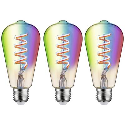 Drei bunte Glühbirnen in Regenbogenfarben nebeneinander. Jede Glühbirne hat eine spiralförmige Filament-Struktur im Inneren.