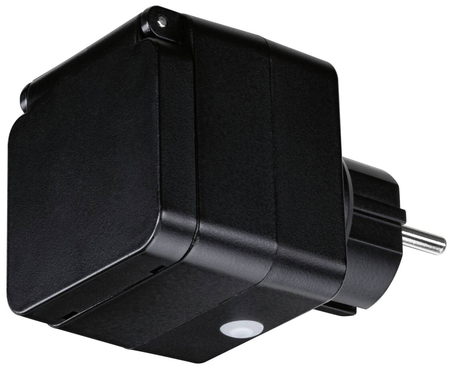 Schwarzer Steckdosenadapter mit rechteckiger Form und seitlichem Knopf. Geeignet für die Integration in ein Smart-Home-System.