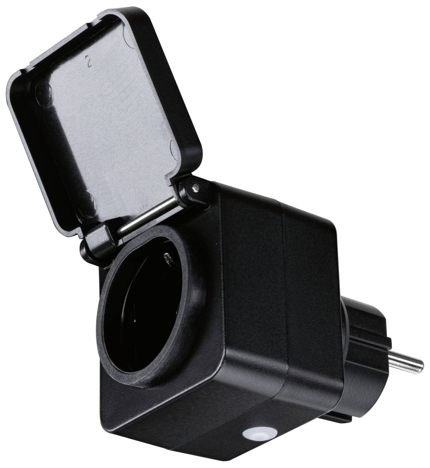 Schwarzer Outdoor-Steckdosenadapter mit Deckel, geeignet für europäische Stecker, schützt vor Wettereinflüssen.