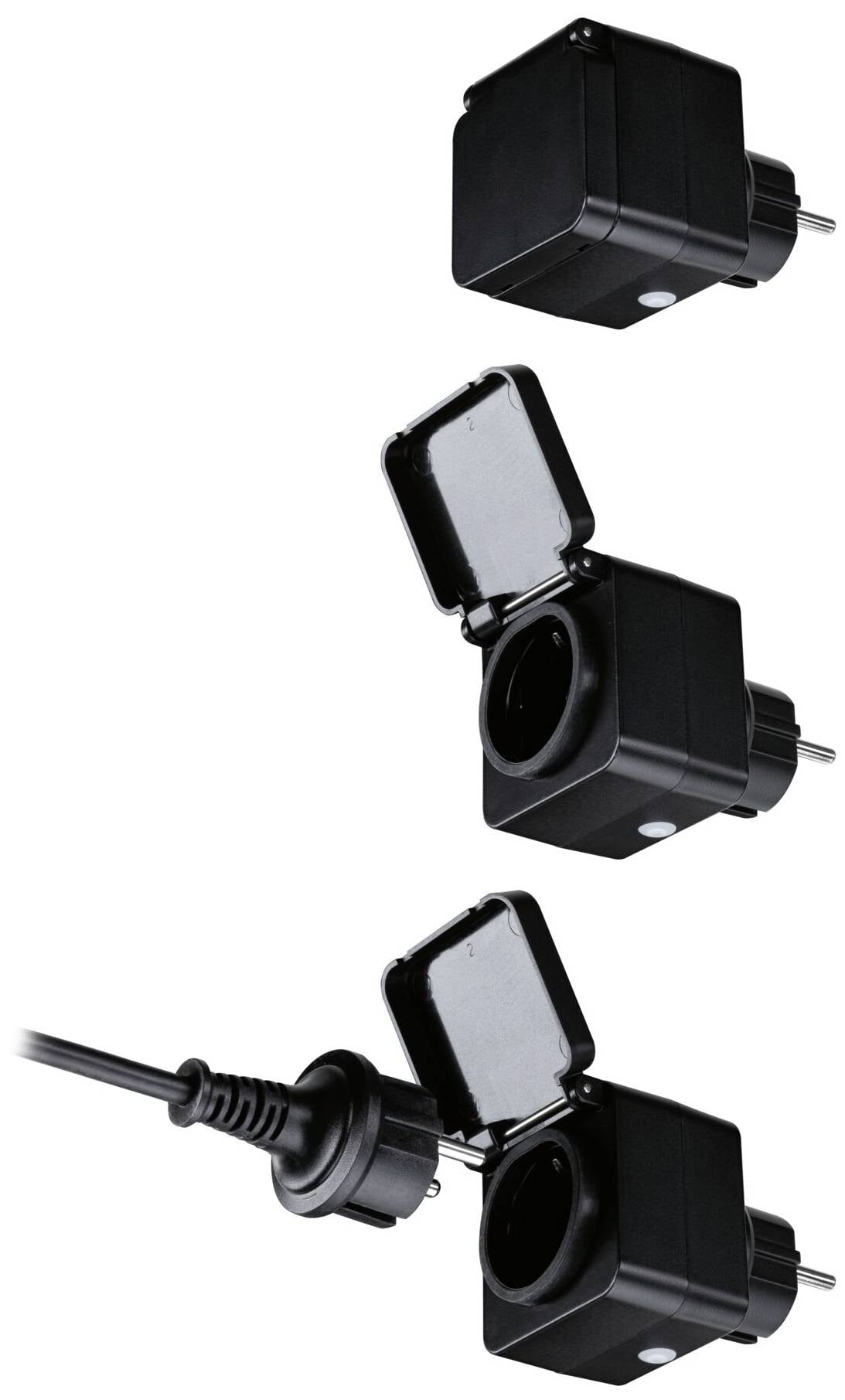 Drei schwarze Schutzkontakt-Steckdosen mit Deckel, nacheinander abgebildet. Die mittlere und untere Steckdose sind geöffnet.