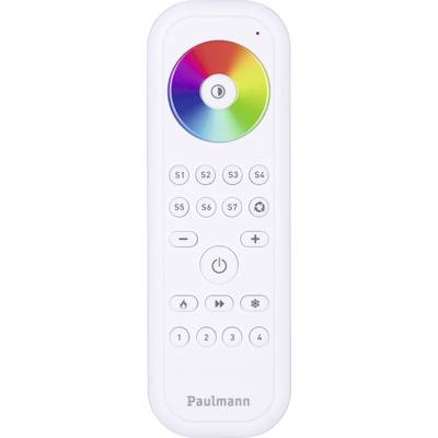 Fernbedienung für LED-Leuchten, weiß, mit farbigem Leuchtrad oben, nummerierten Tasten darunter und Markenname 'Paulmann' unten.
