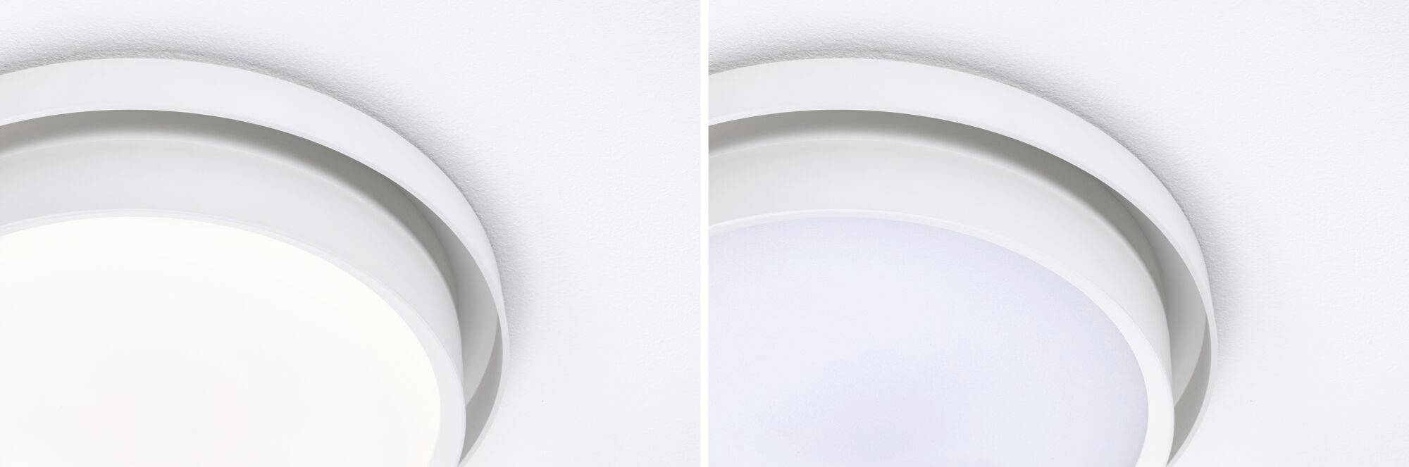 Zwei LED-Deckenleuchten, links warmweiß, rechts kaltweiß. Beide Leuchten haben ein schlichtes, modernes Design.