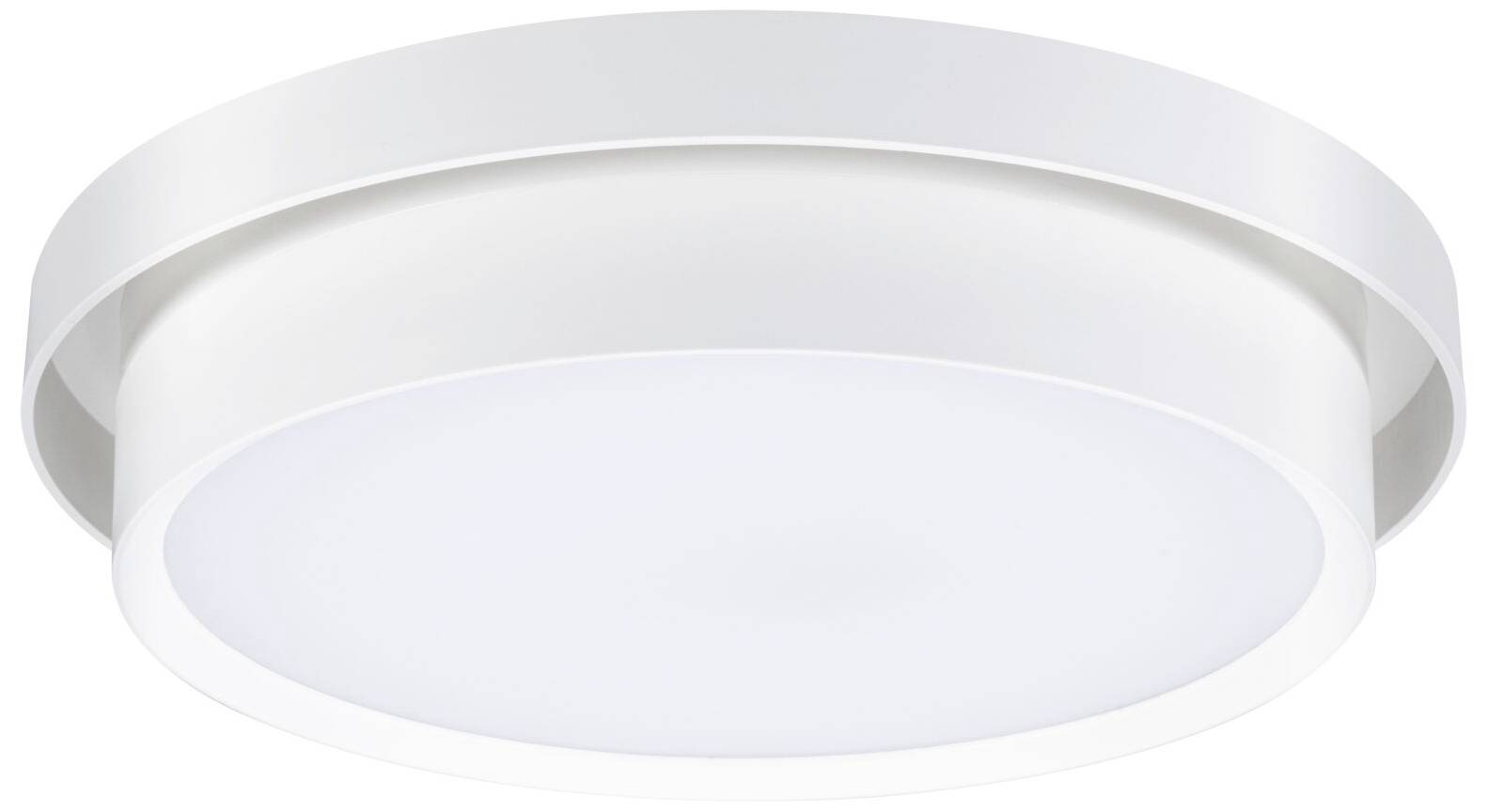 Eine moderne, runde Deckenleuchte mit weißem Gehäuse und mattem Diffusor, die gleichmäßiges Licht nach unten abstrahlt.