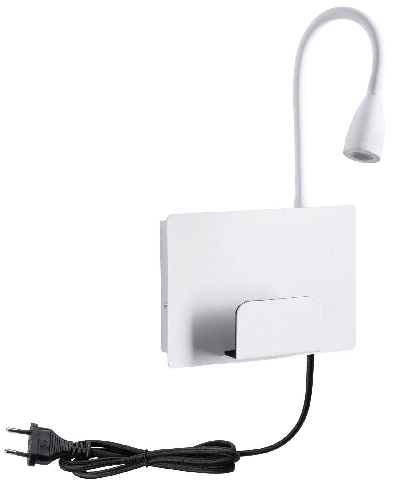 Weiße Wandleuchte mit flexiblem Arm und Stecker, geeignet für gezielte Beleuchtung, ideal für Lesebereiche oder Arbeitszonen.