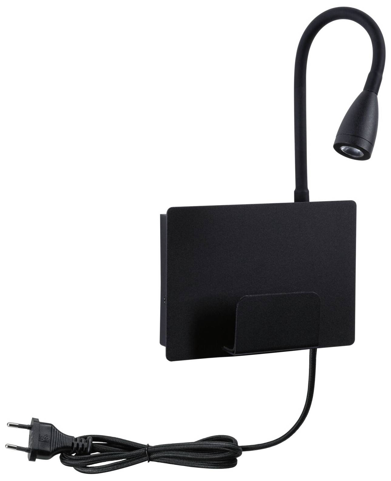 Schwarze, flexible Leselampe mit rechteckigem Sockel und schwenkbarem Hals, ausgestattet mit einem Netzkabel und Stecker.