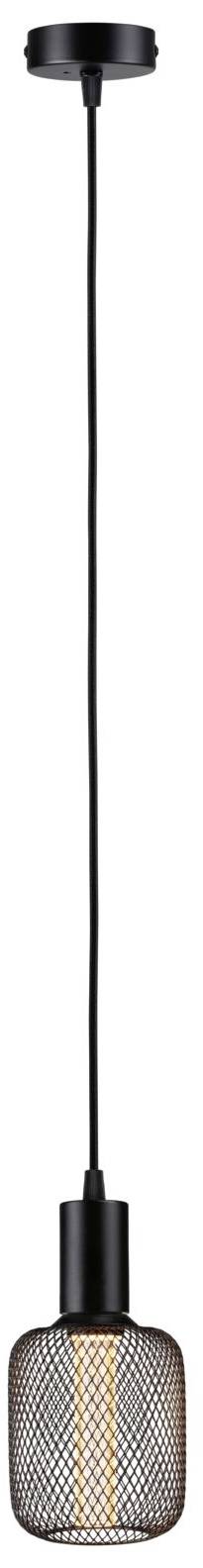 Hängelampe mit schwarzem Gitterdesign und langem Kabel, hängend von einer Decke. Ideal für moderne Einrichtungsstile.