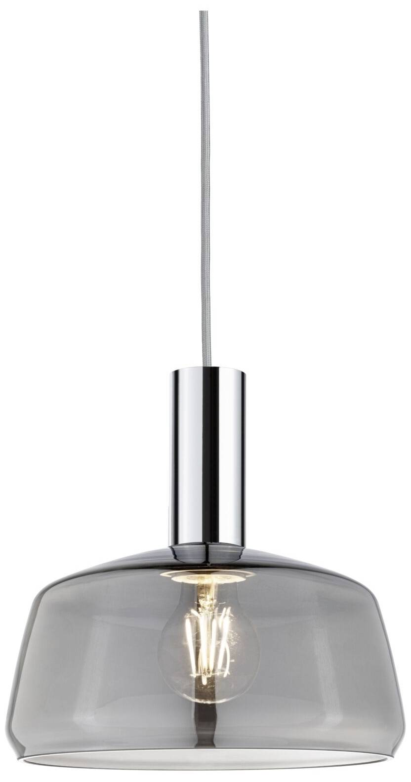 Transparente Hängelampe mit sichtbarer Glühbirne in modernem Design, beleuchtet, an dünnem Kabel hängend.